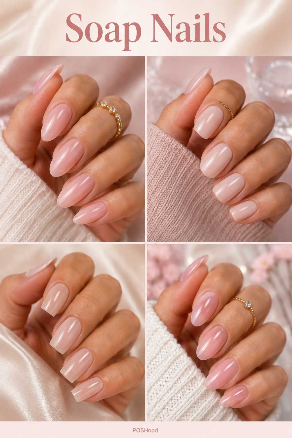 Soap nails with sheer pink and milky nude glossy polish for a clean girl summer manicure.
