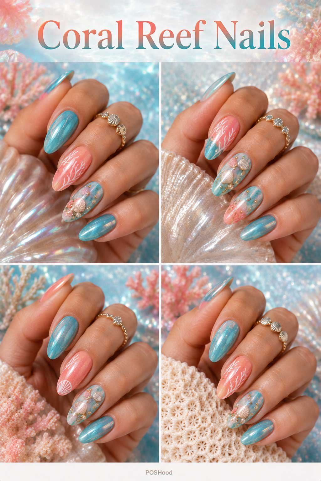 Coral reef nails with ocean blue, coral pink, seafoam green polish, and shimmering shell details.