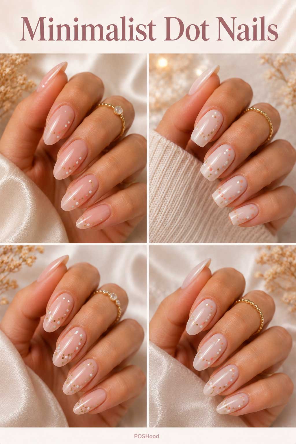 Minimalist dot nails with nude polish and coral, white, gold, and pastel dot accents.
