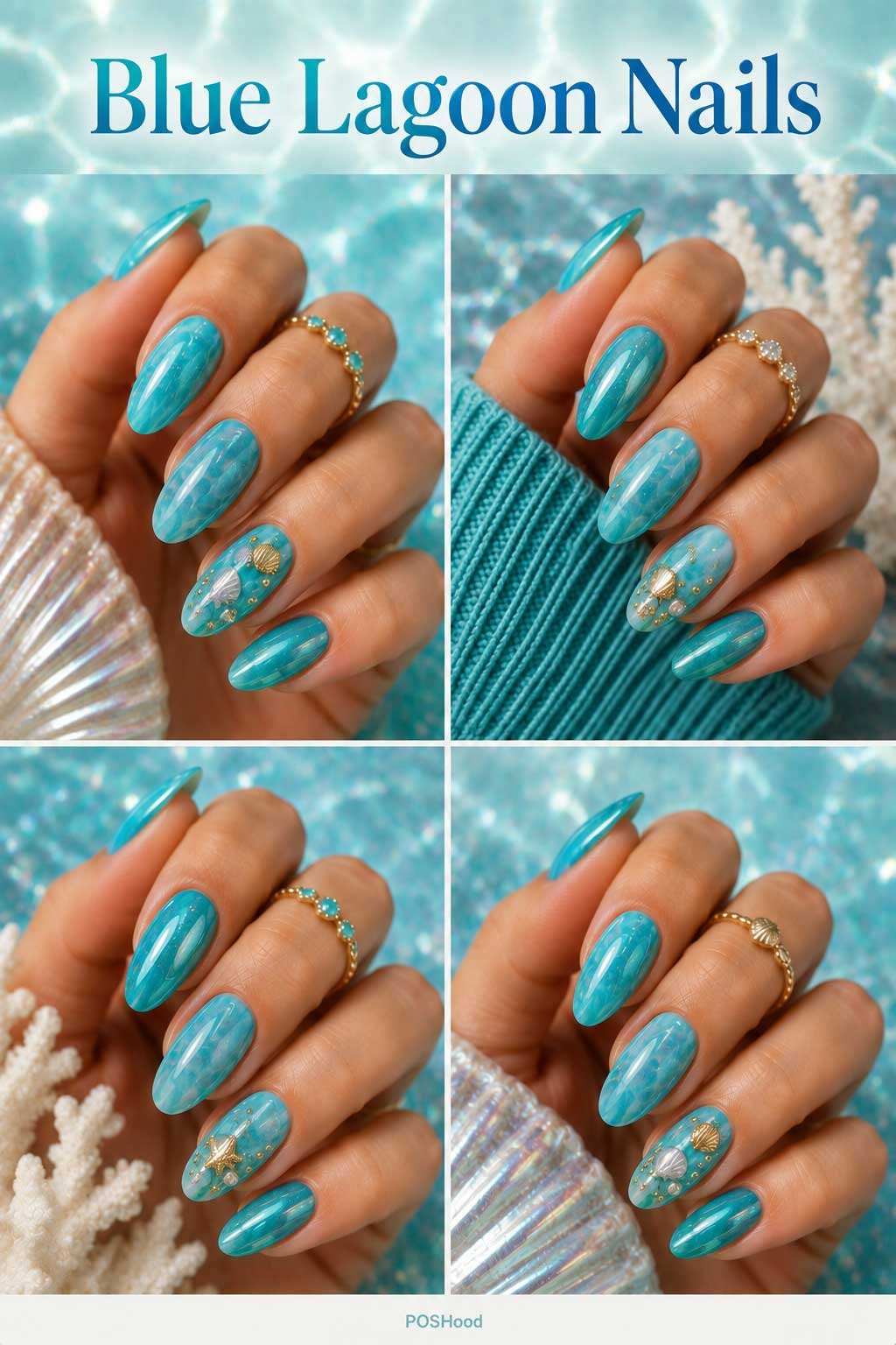 Blue lagoon nails with glossy aqua, turquoise, and teal polish inspired by tropical waters.