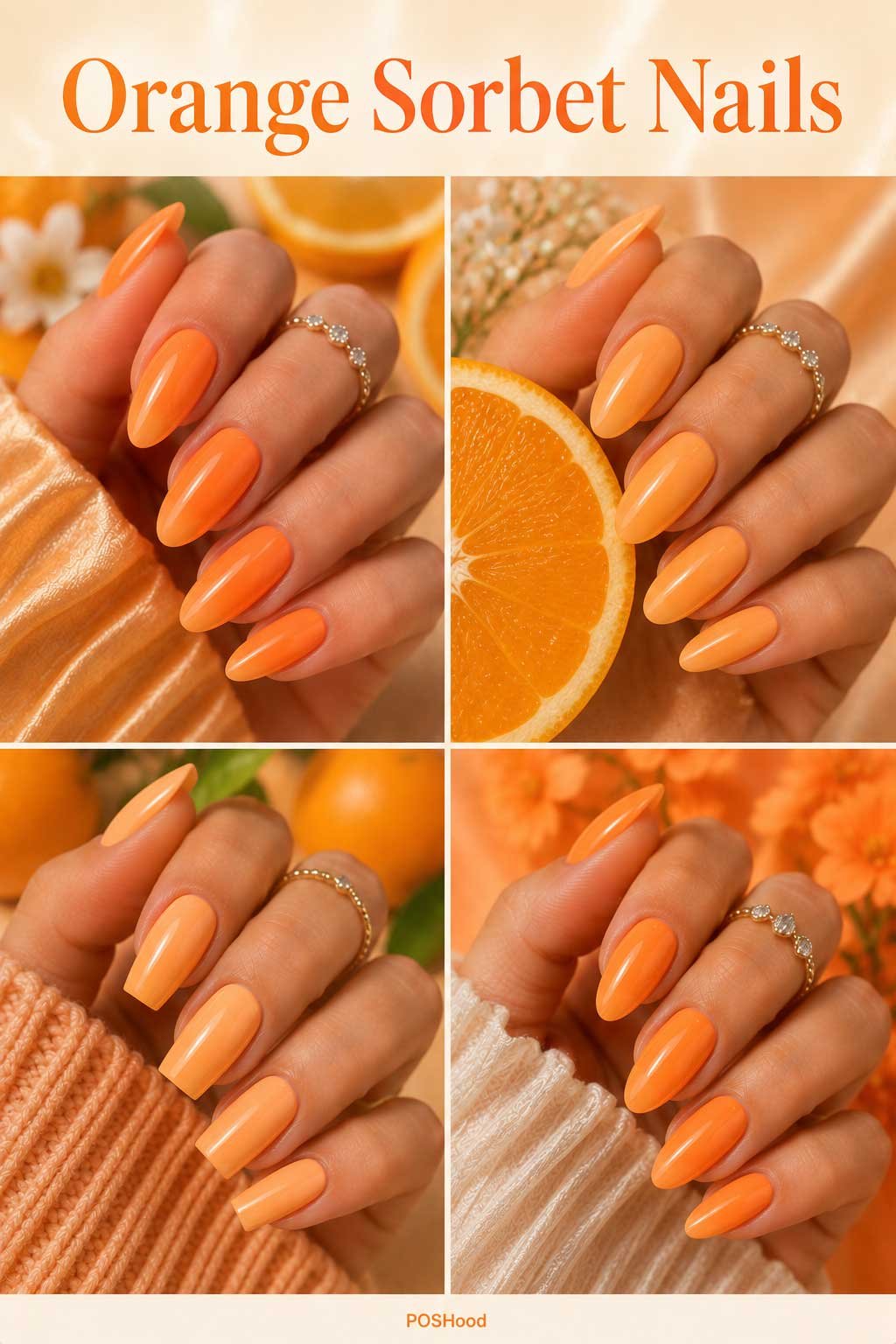 Orange sorbet nails with creamy glossy orange polish on almond and square-shaped summer nails.