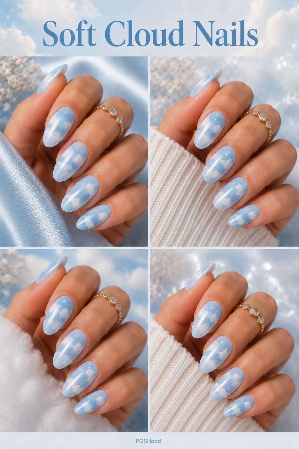 Soft cloud nails with baby blue polish, white cloud nail art, and subtle shimmer on glossy nails.