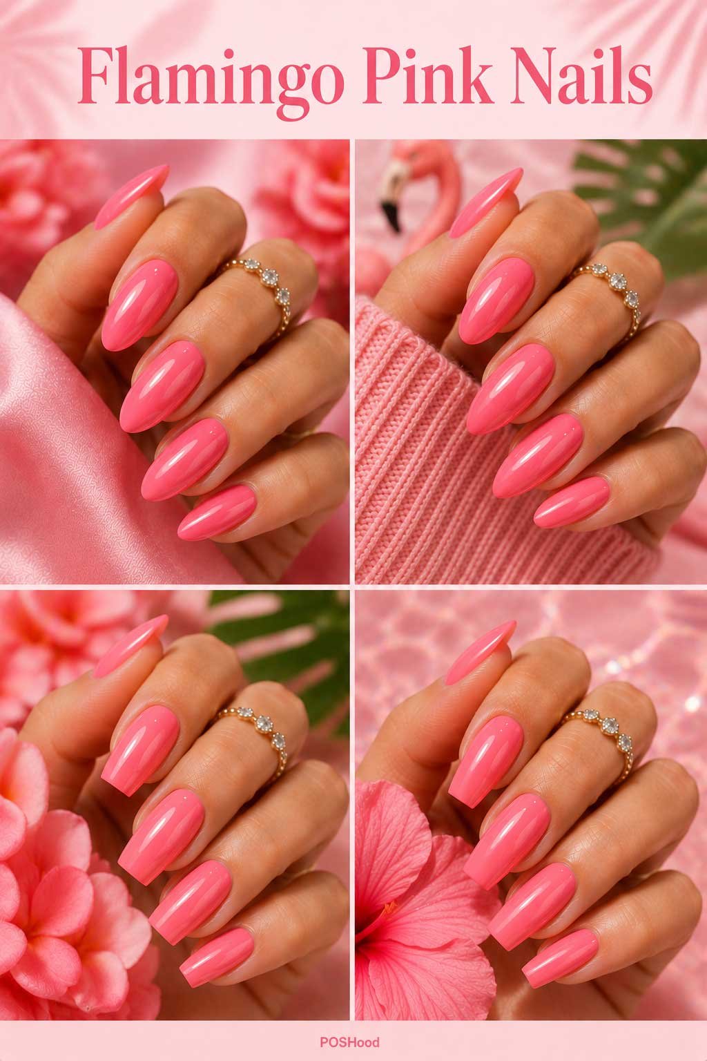 Flamingo pink nails with vibrant coral-pink glossy polish on almond and square-shaped nails.