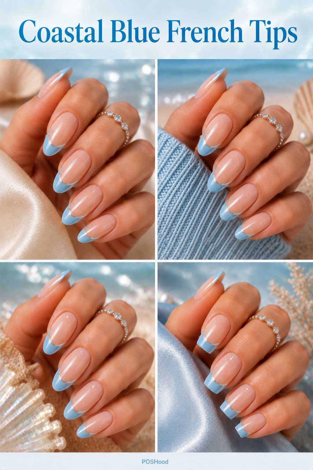 Coastal blue French tip nails with soft blue tips, glossy nude base, and delicate silver accents.