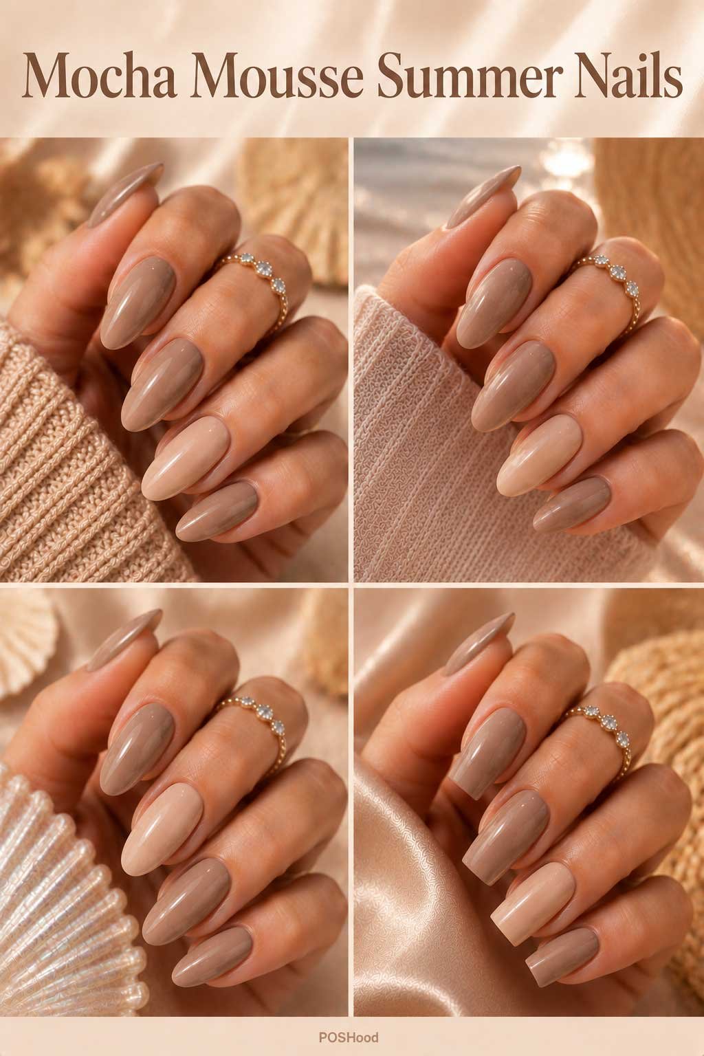 Mocha mousse summer nails with glossy light mocha, beige, and taupe polish on almond-shaped nails.