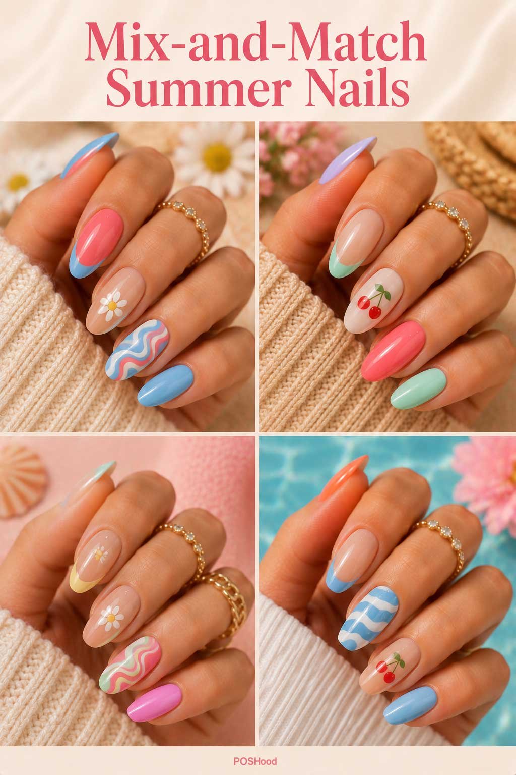 Mix-and-match summer nails with colorful swirls, daisies, cherries, French tips, and glossy nail art.
