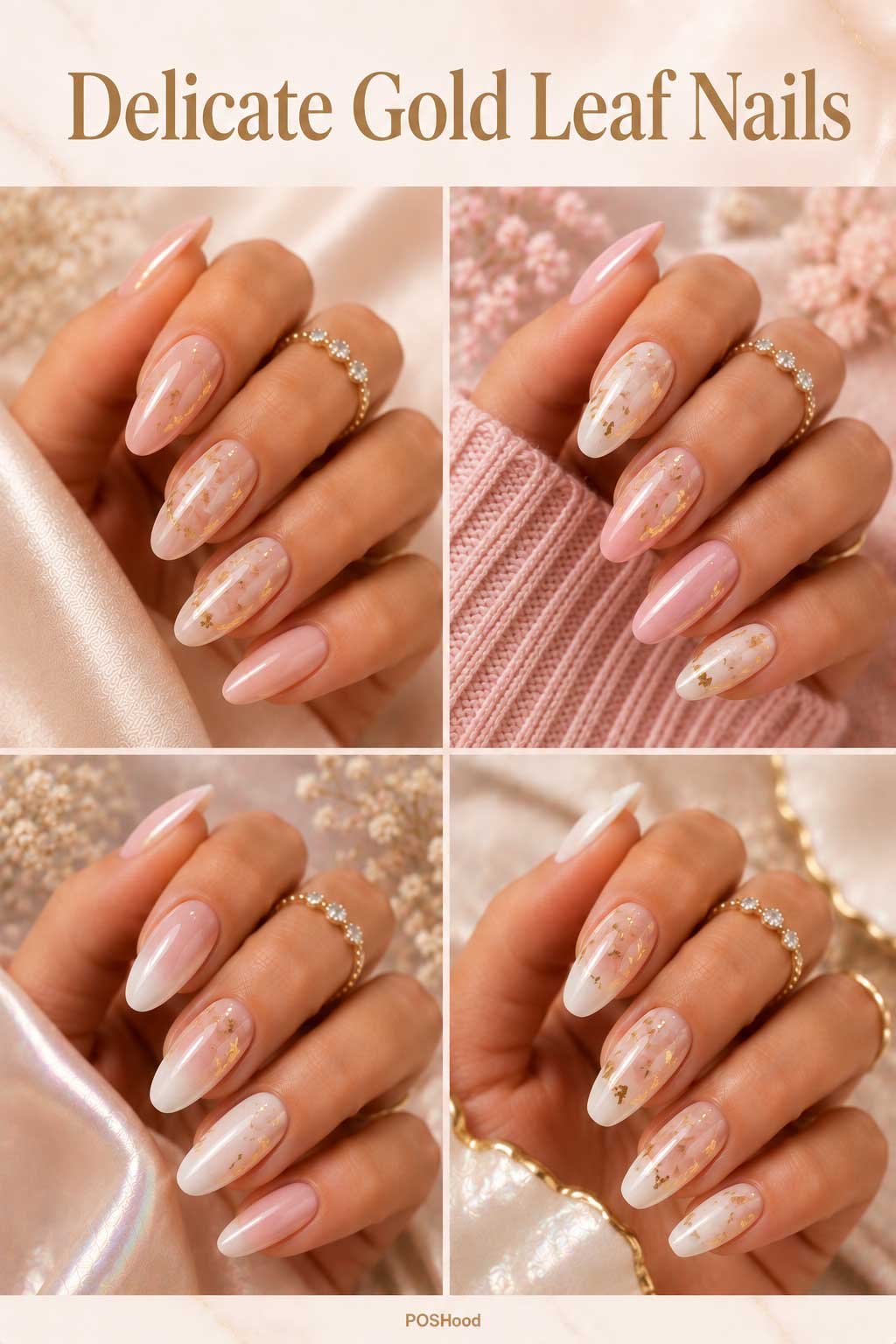 Delicate gold leaf nails with nude polish, glossy finish, and artistic gold foil accents.