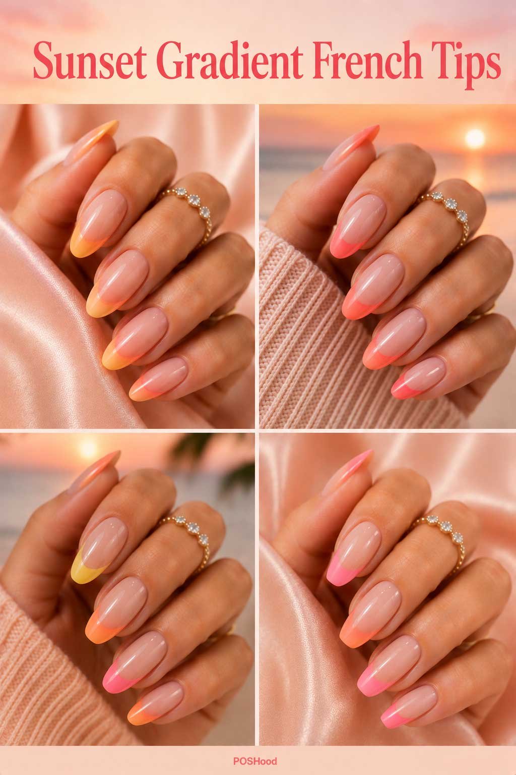 Sunset gradient French tip nails with yellow, peach, coral, and pink ombré tips on glossy nude nails.