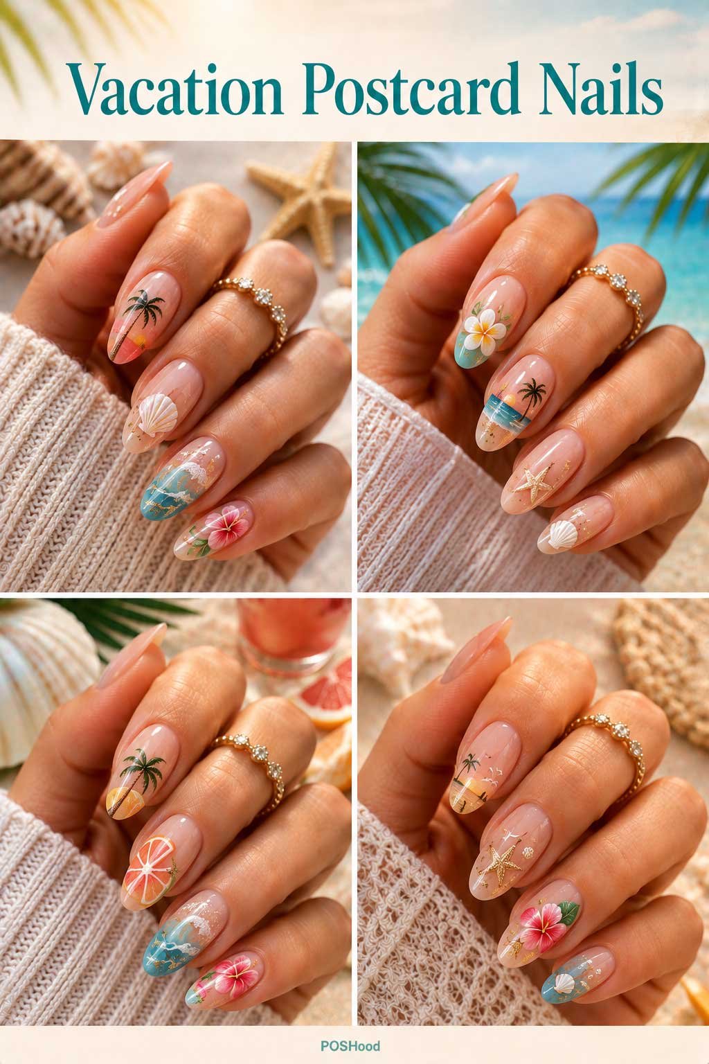 Vacation postcard nails with palm trees, seashells, tropical flowers, waves, starfish, and citrus nail art on glossy nude nails.