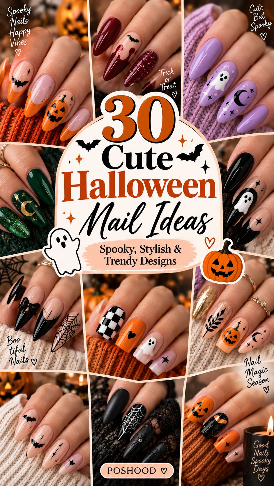 Halloween nail art collage featuring cute ghost nails, orange pumpkin nails, burgundy vampire nails, lavender celestial nails, green witchy nails, black spider web nails, and checkerboard designs,