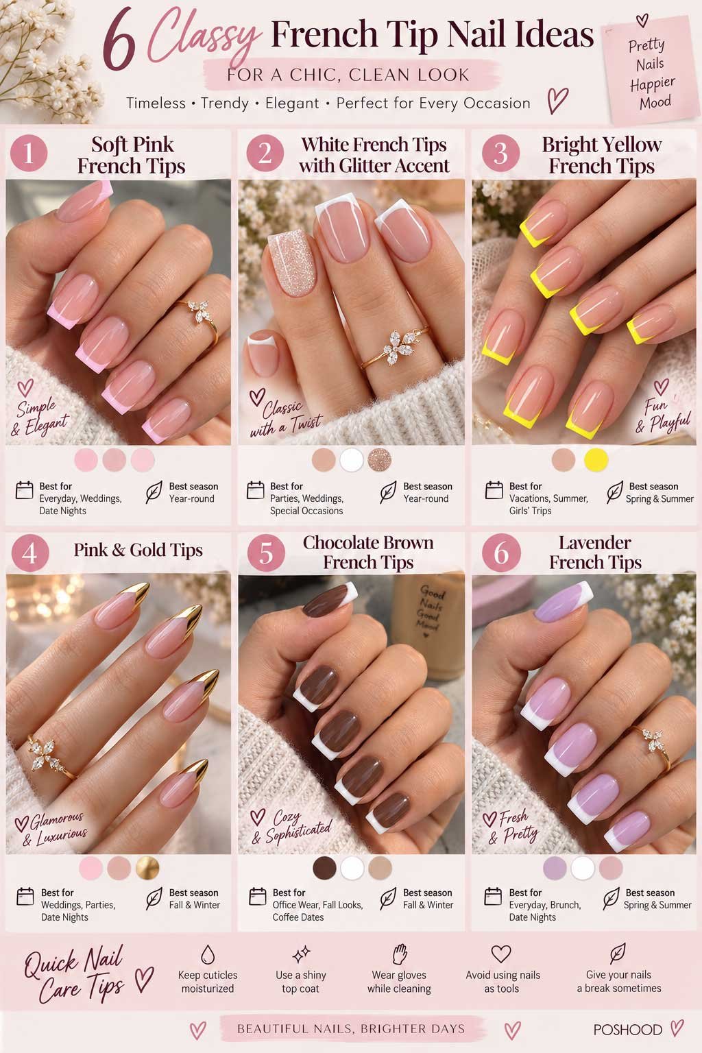Infographic featuring six classy French tip nail ideas including pink, white, yellow, gold, brown, and lavender designs