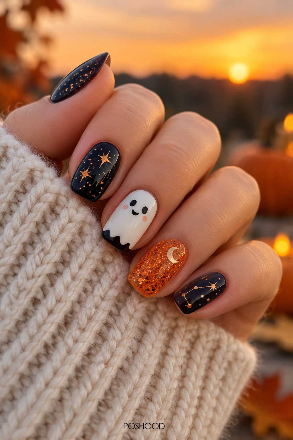 Cozy Halloween ghost nails with navy constellation nails, orange glitter and gold celestial details
