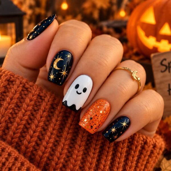 Cozy Halloween ghost nails with navy constellation nails, orange glitter and gold celestial details