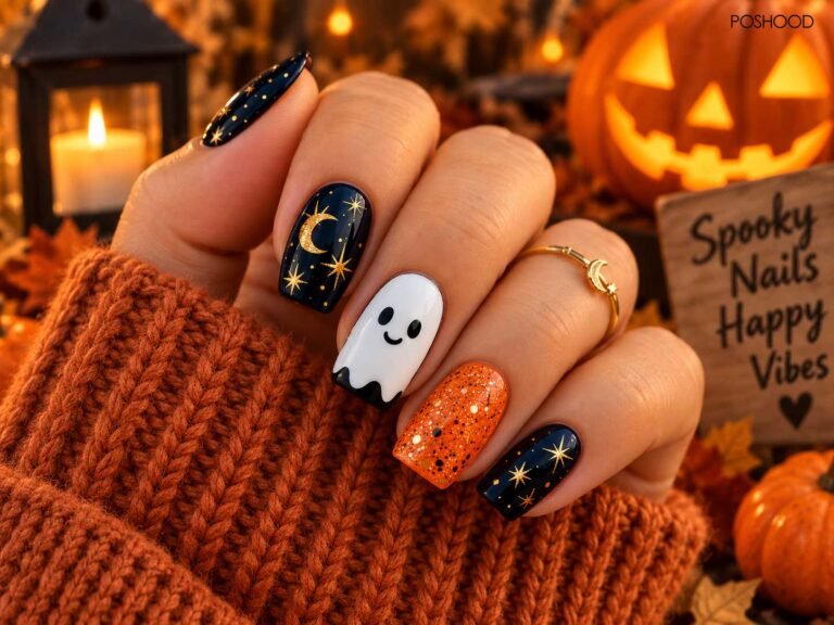 Cozy Halloween ghost nails with navy constellation nails, orange glitter and gold celestial details