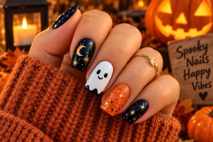 Cozy Halloween ghost nails with navy constellation nails, orange glitter and gold celestial details
