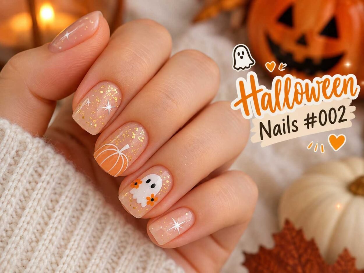 Nude Halloween Nails with Gold Glitter & Cute Ghost