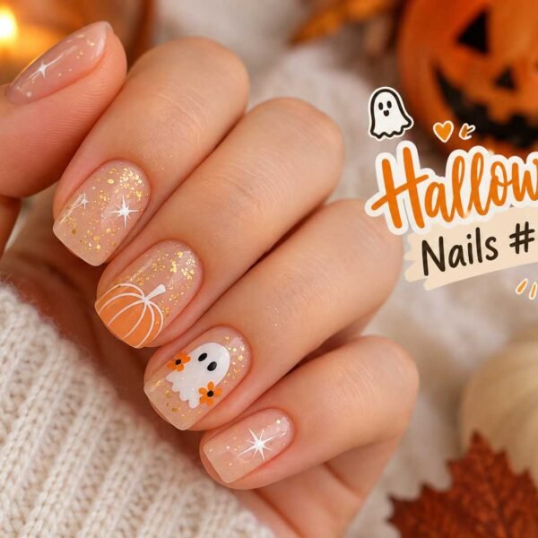 Nude Halloween Nails with Gold Glitter & Cute Ghost