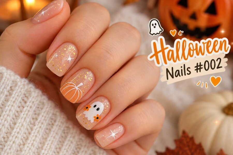 Nude Halloween Nails with Gold Glitter & Cute Ghost