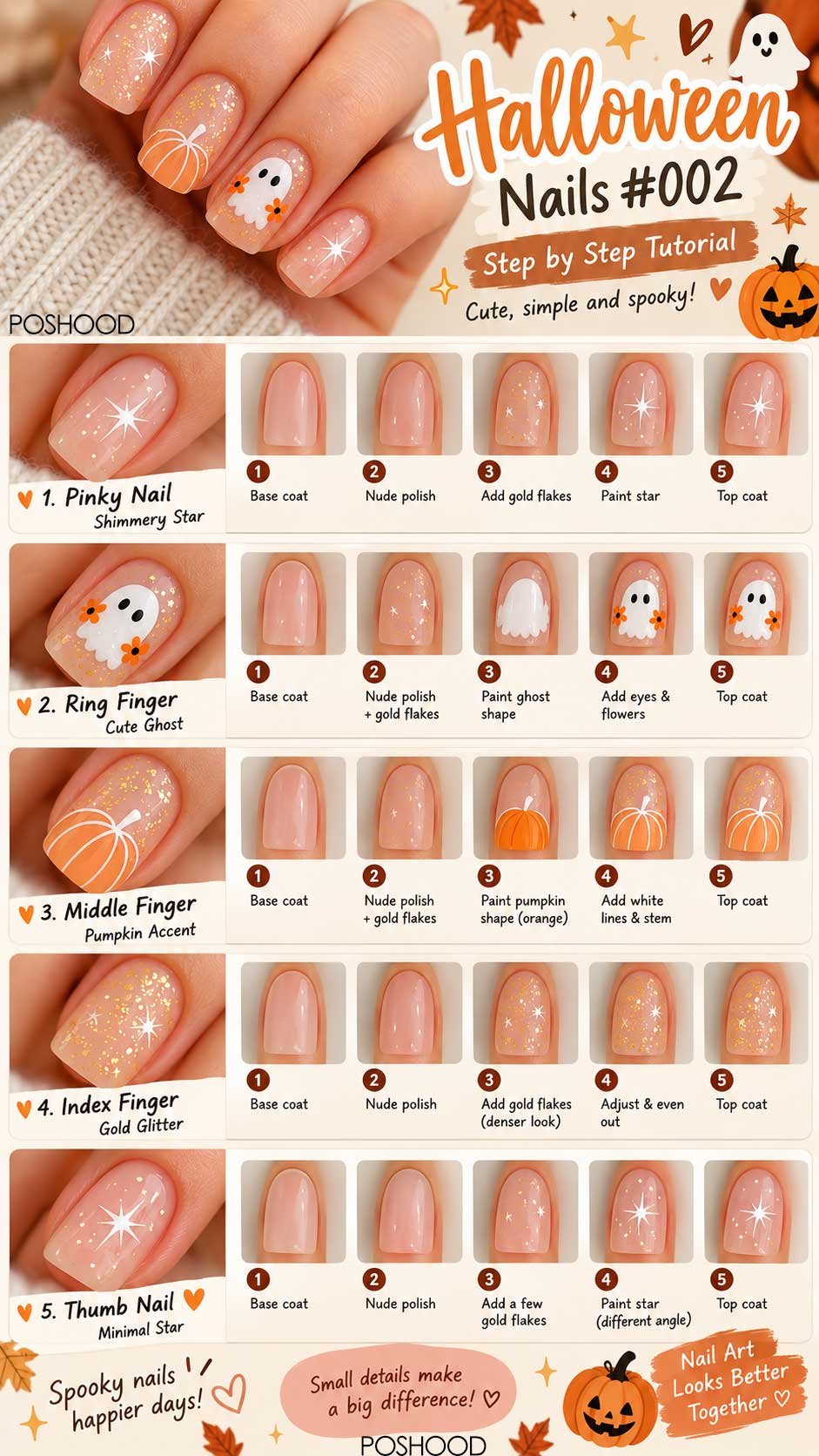 Easy Halloween Nail Art: Ghost, Pumpkin & Gold Glitter