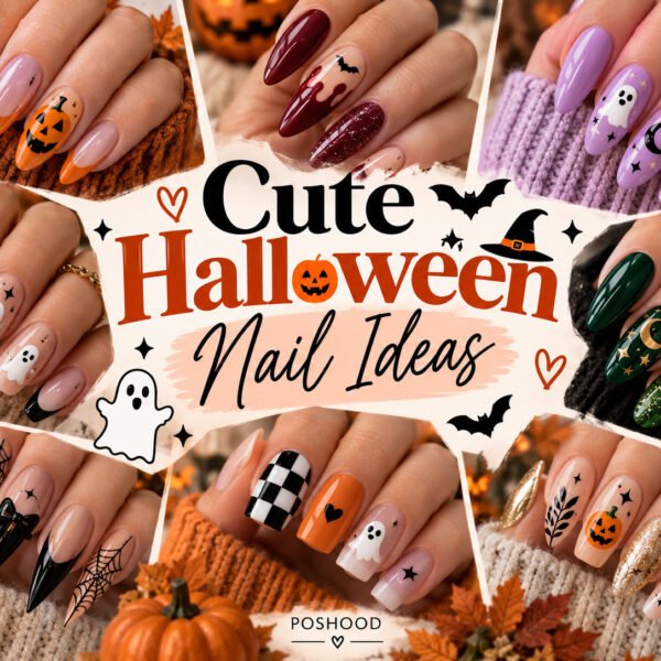 Pinterest-style Halloween nail art collage featuring cute ghost nails, orange pumpkin nails, burgundy vampire nails, lavender celestial nails, green witchy nails, black spider web nails, and checkerboard designs, with the title “Cute Halloween Nail Ideas” and POSHOOD branding.