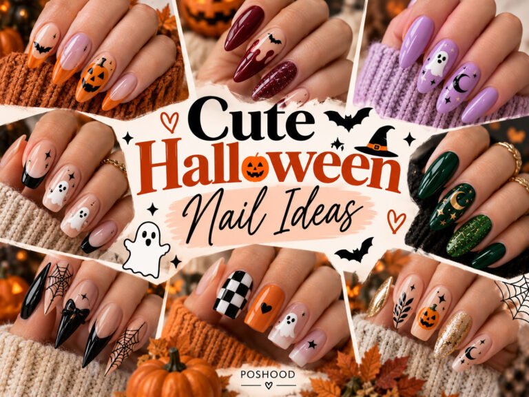 Pinterest-style Halloween nail art collage featuring cute ghost nails, orange pumpkin nails, burgundy vampire nails, lavender celestial nails, green witchy nails, black spider web nails, and checkerboard designs, with the title “Cute Halloween Nail Ideas” and POSHOOD branding.