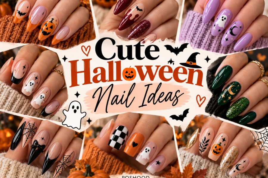 Pinterest-style Halloween nail art collage featuring cute ghost nails, orange pumpkin nails, burgundy vampire nails, lavender celestial nails, green witchy nails, black spider web nails, and checkerboard designs, with the title “Cute Halloween Nail Ideas” and POSHOOD branding.