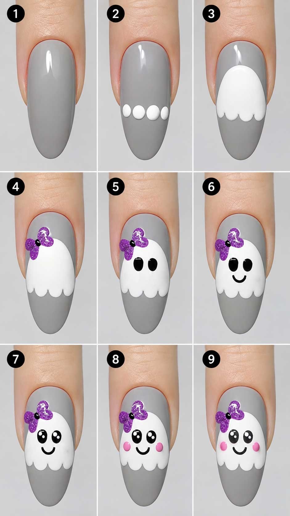 Cute white ghost Halloween nail art with purple bow on gray nails