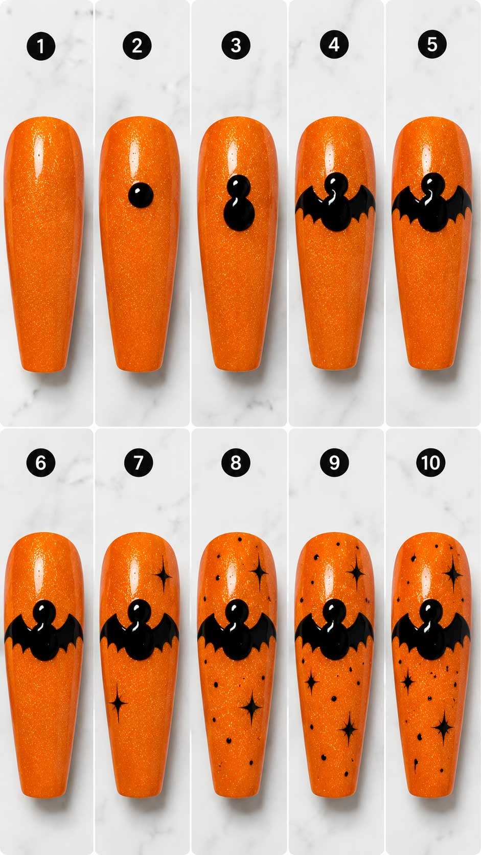 Easy orange Halloween nail art with black character design step by step