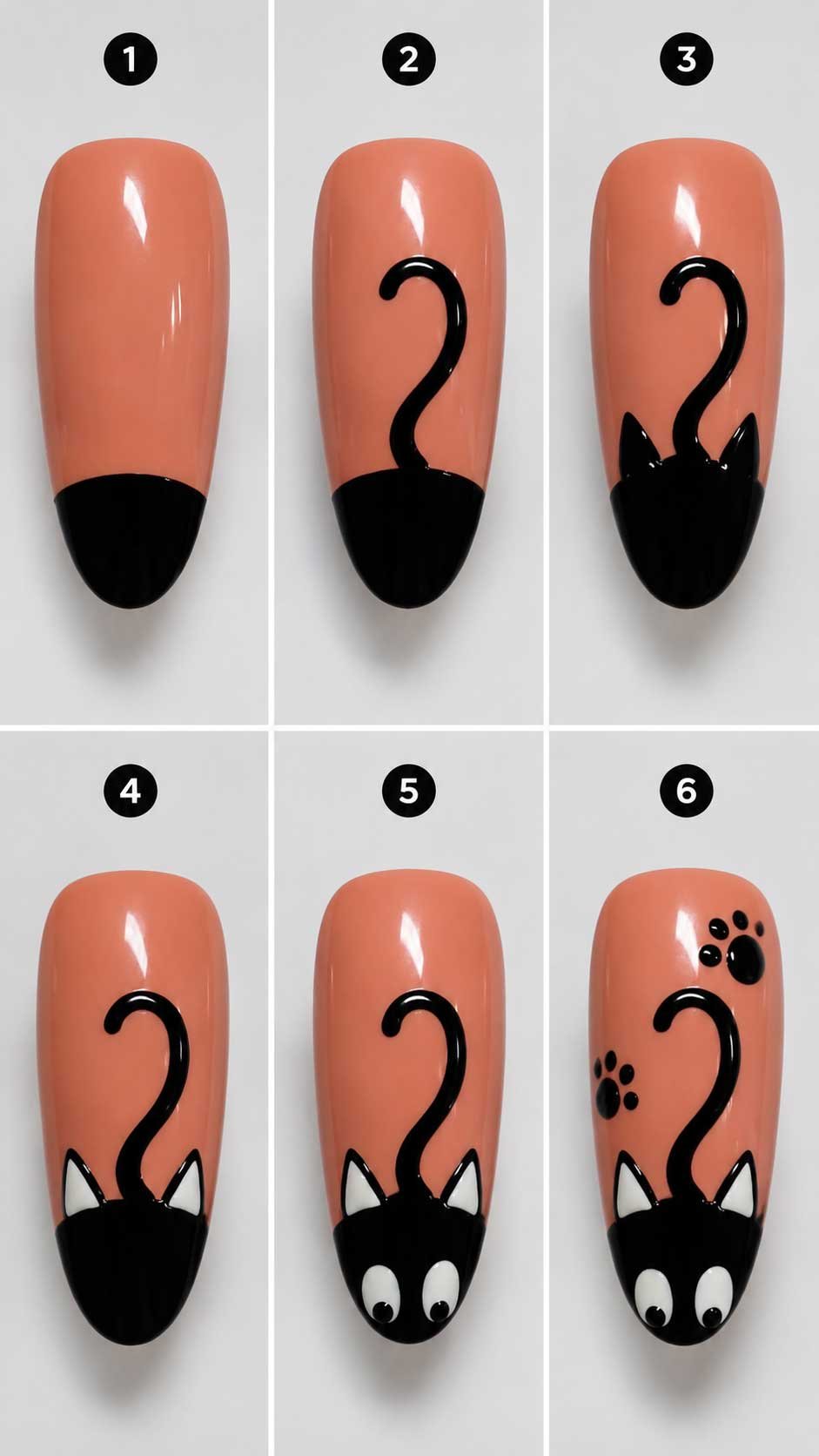 Easy black cat Halloween nail art with peach nude base step by step