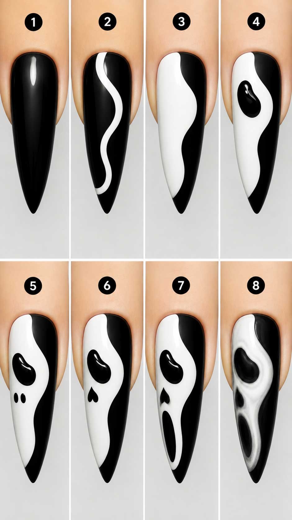 Easy black and white Halloween nail art with spooky ghost design