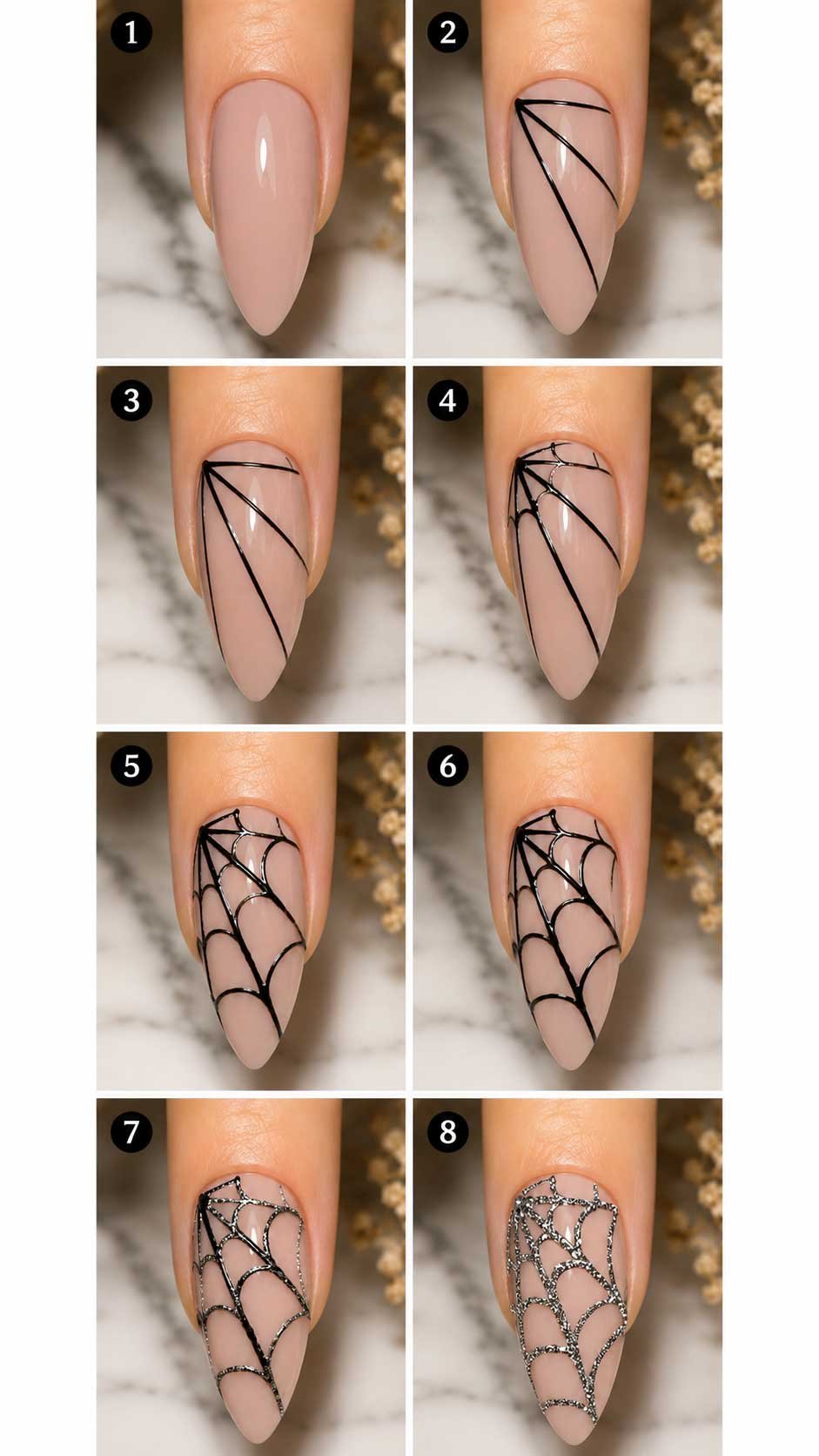 Easy spider web Halloween nail art on nude nails step by step