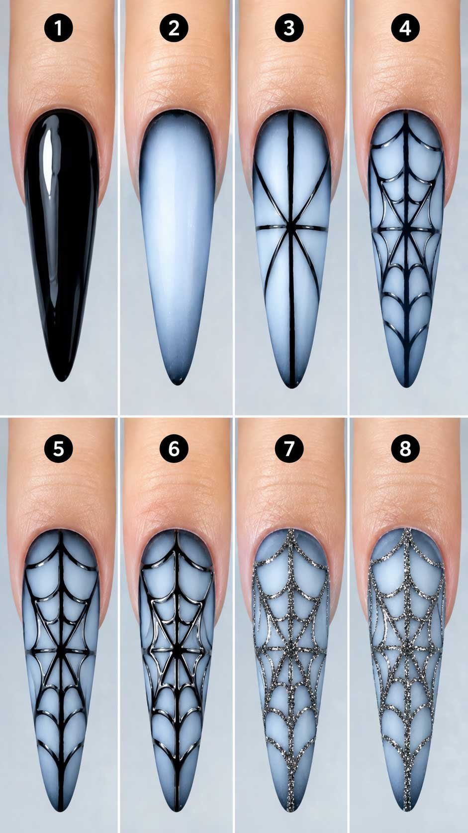 Blue spider web Halloween nail art with black glitter details