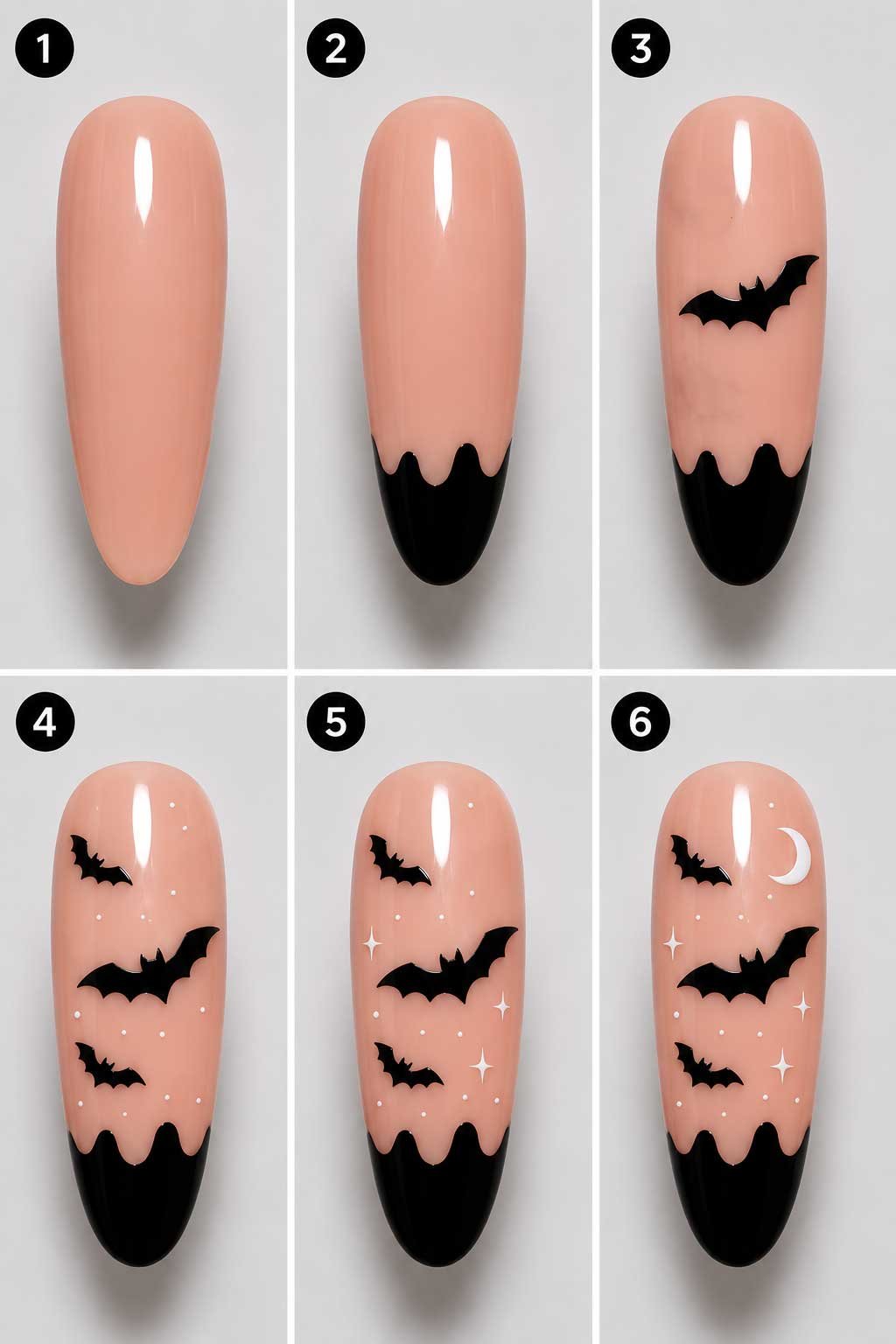 Easy Halloween bat nail art with black dripping tip step by step