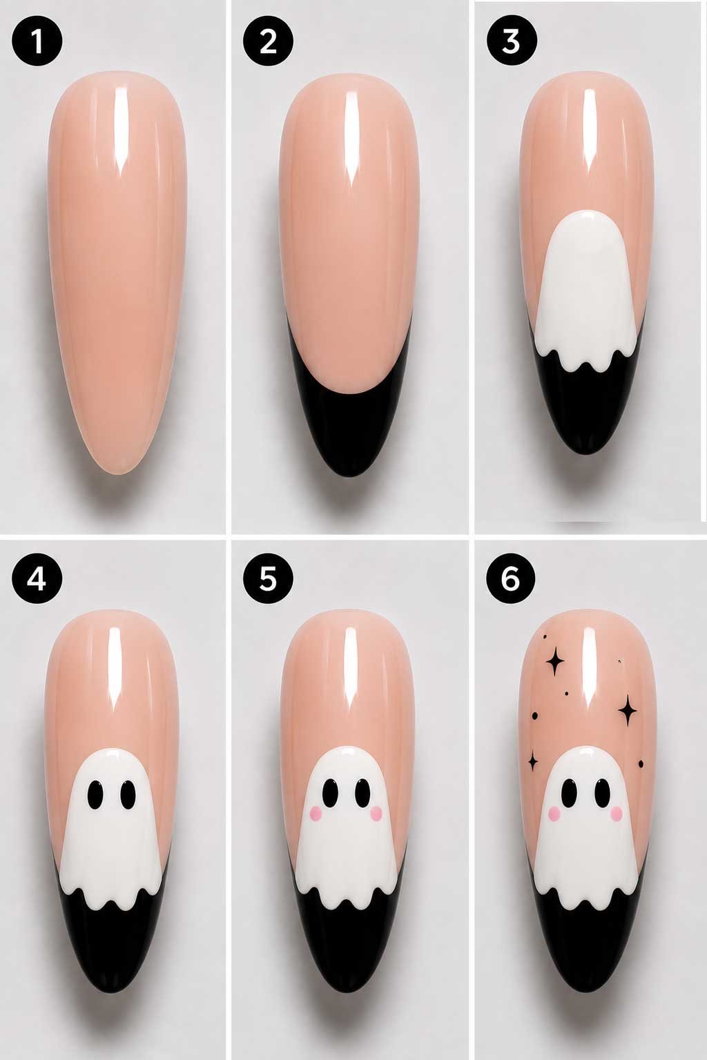 Easy ghost French tip Halloween nail art with black and white details