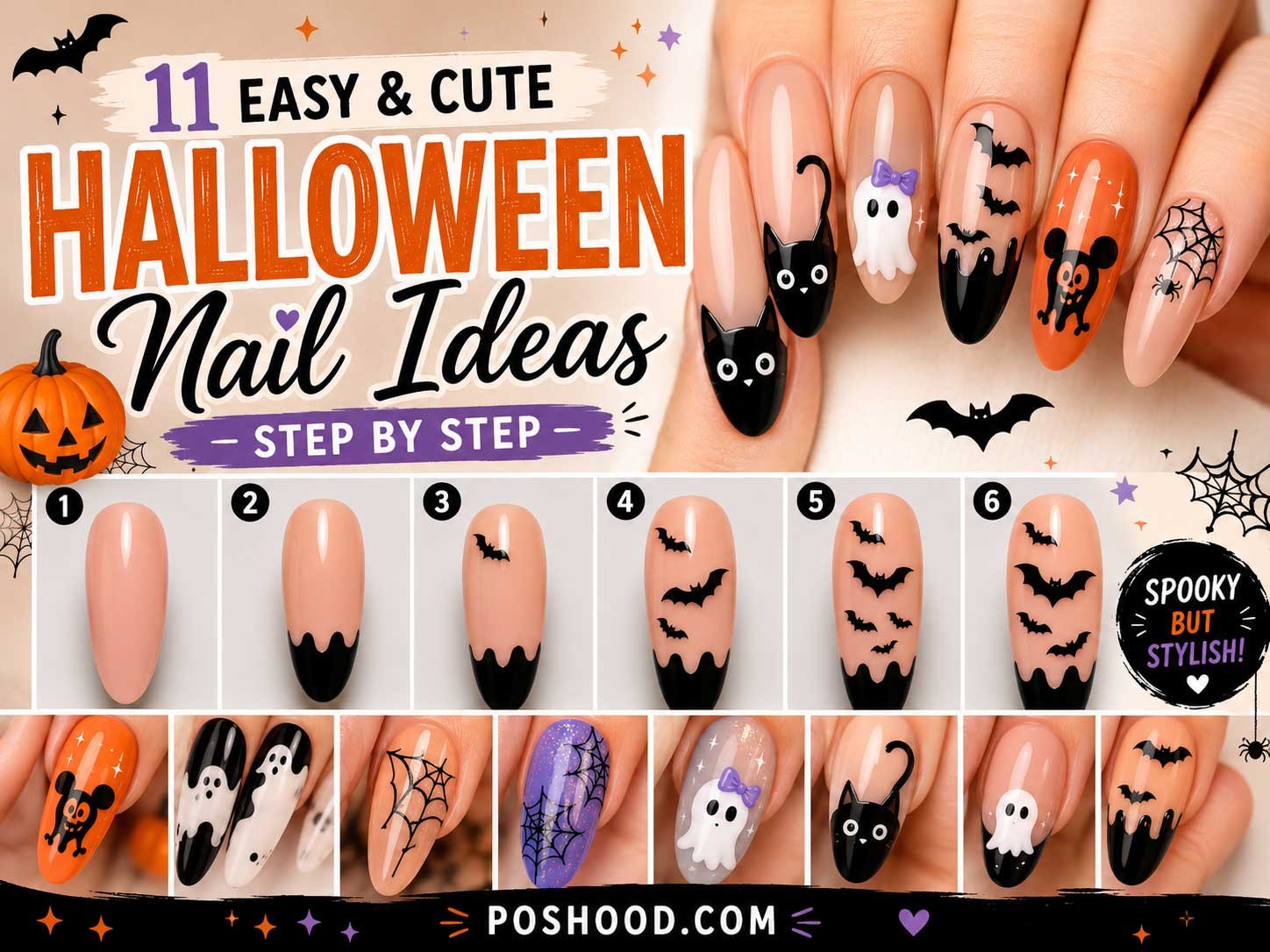easy Halloween nails, Halloween nail ideas, Halloween nail art, cute Halloween nails, and step-by-step nail art.