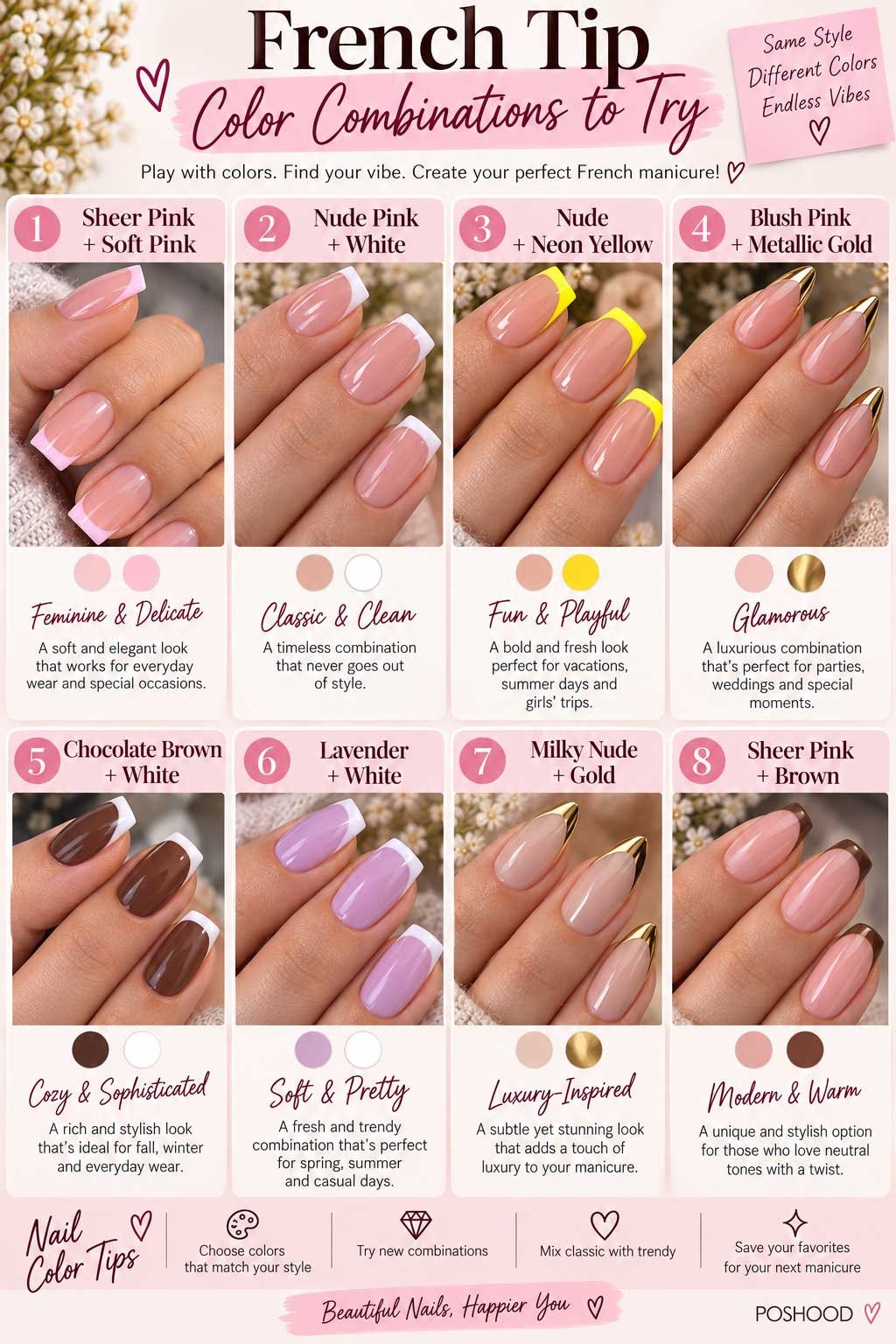 Infographic showing eight French tip color combinations including pink, white, yellow, gold, brown, lavender, and nude nails