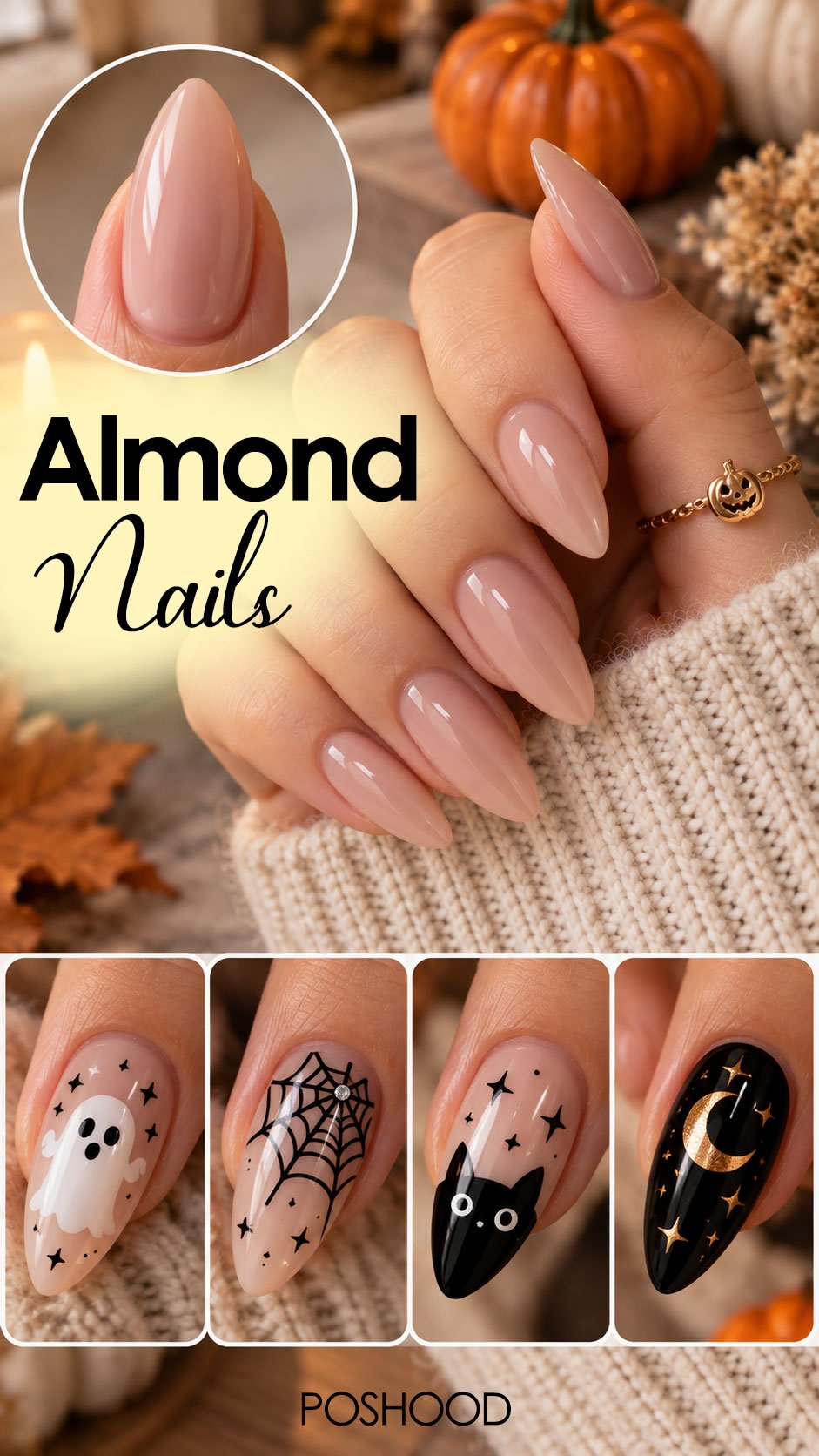 Almond nail shape guide featuring glossy nude almond nails, a close-up nail shape example, and four Halloween nail art designs with ghosts, spider webs, black cats, and celestial moons.
