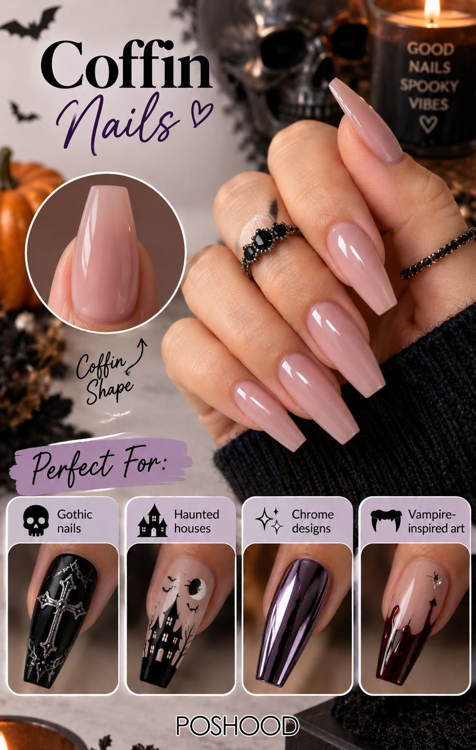 Coffin nail shape guide featuring glossy nude coffin nails and four Halloween nail designs, including gothic crosses, haunted houses, purple chrome, and vampire-inspired burgundy nails, styled with cozy black knitwear and autumn decorations.