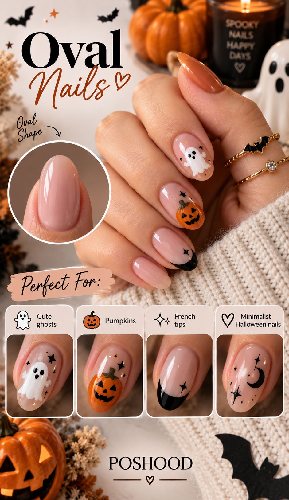 Pinterest-style oval Halloween nail guide featuring glossy nude oval nails with cute ghosts, pumpkins, black French tips, and minimalist moon designs, styled with cozy knitwear and autumn decorations. Branded POSHOOD.