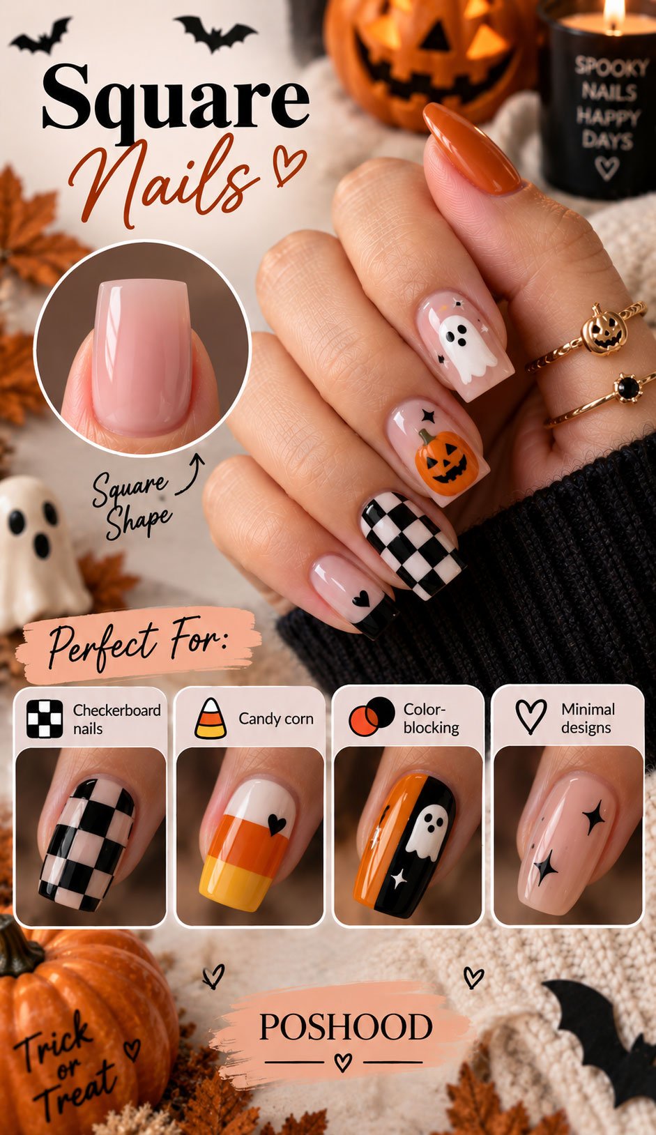 Square Halloween nail design guide featuring glossy square nails with checkerboard patterns, candy corn, orange and black color-blocking, and minimalist star accents, styled with cozy knitwear and autumn decorations. POSHOOD branding.