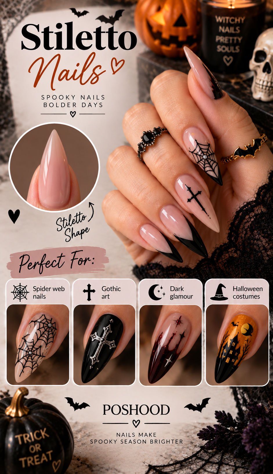 Long stiletto-shaped Halloween nails featuring spider webs, gothic cross art, dark burgundy glamour, and Halloween costume-inspired designs, styled with black lace, gold rings, pumpkins, and a spooky autumn background. POSHOOD.