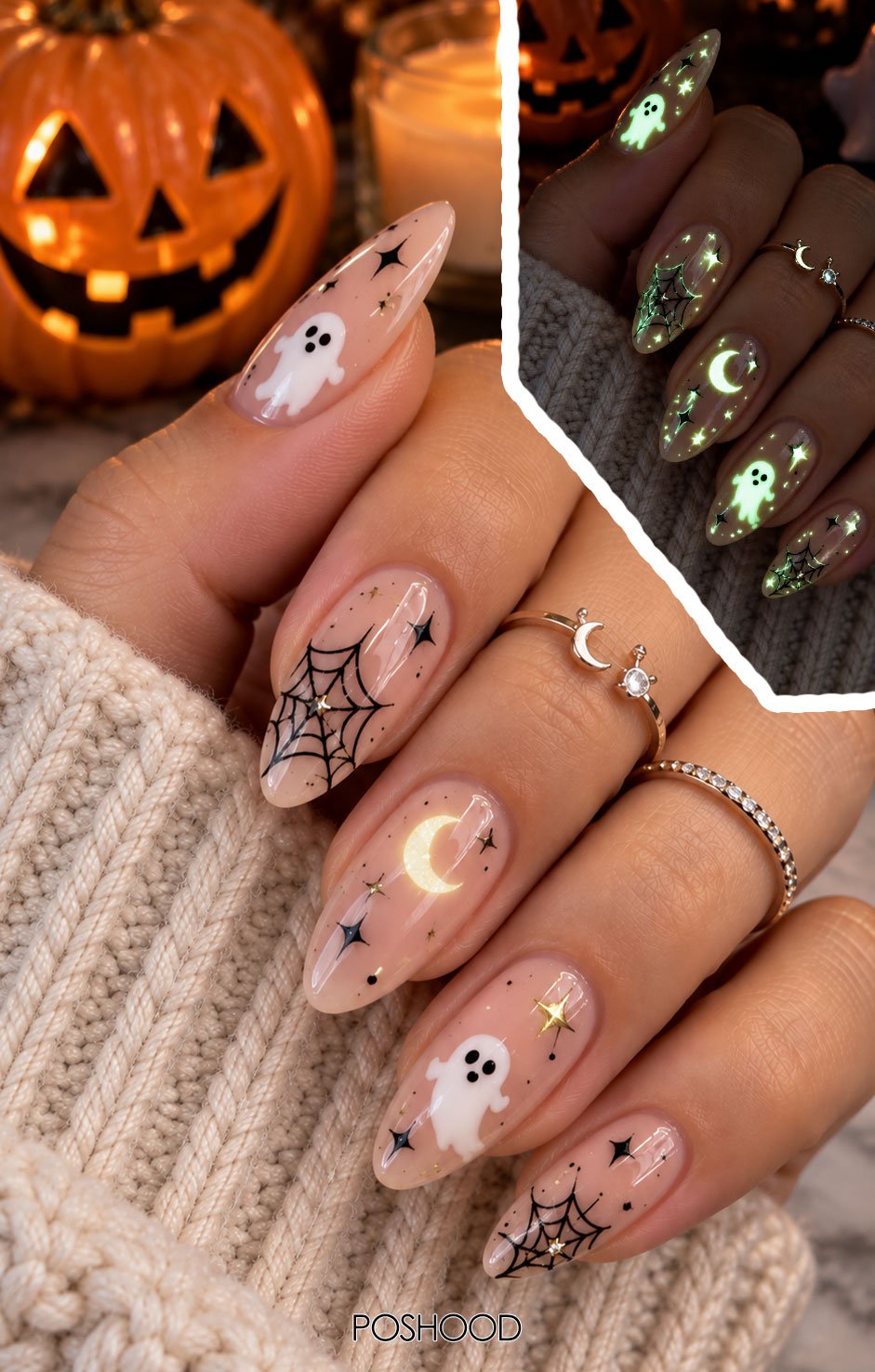 Glow-in-the-dark nude almond-shaped Halloween nails featuring luminous ghosts, crescent moons, stars, and spider webs against a dark Halloween background.