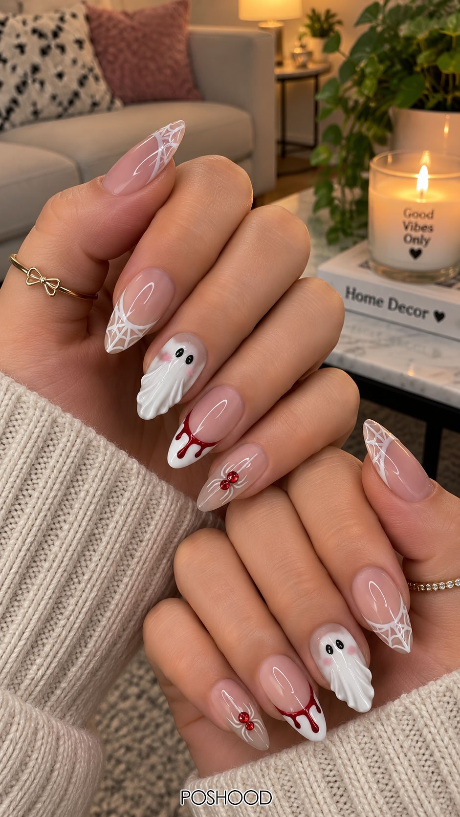 Halloween nails ideas featuring delicate white spider webs, spooky ghosts, red dripping accents, and tiny spider details. A stylish Halloween manicure for anyone who loves creative and spooky nail art. π·οΈπ»