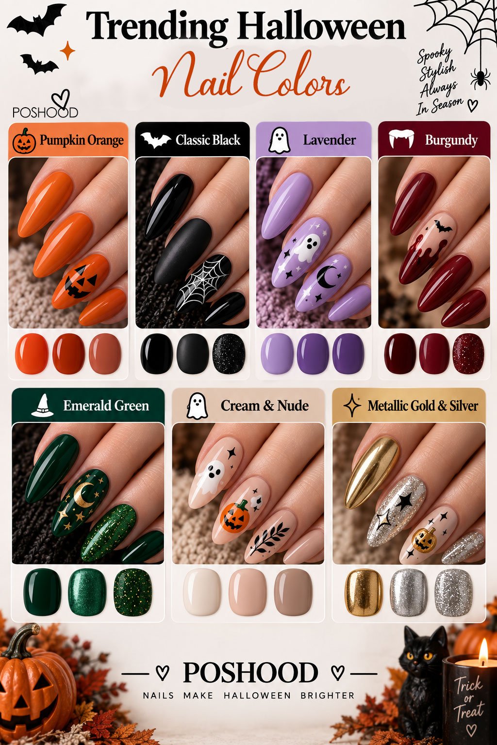 Vertical Halloween nail color infographic featuring seven trending shades pumpkin orange, classic black, lavender, burgundy, emerald green, cream and nude, and metallic gold and silver, with glossy nail designs.